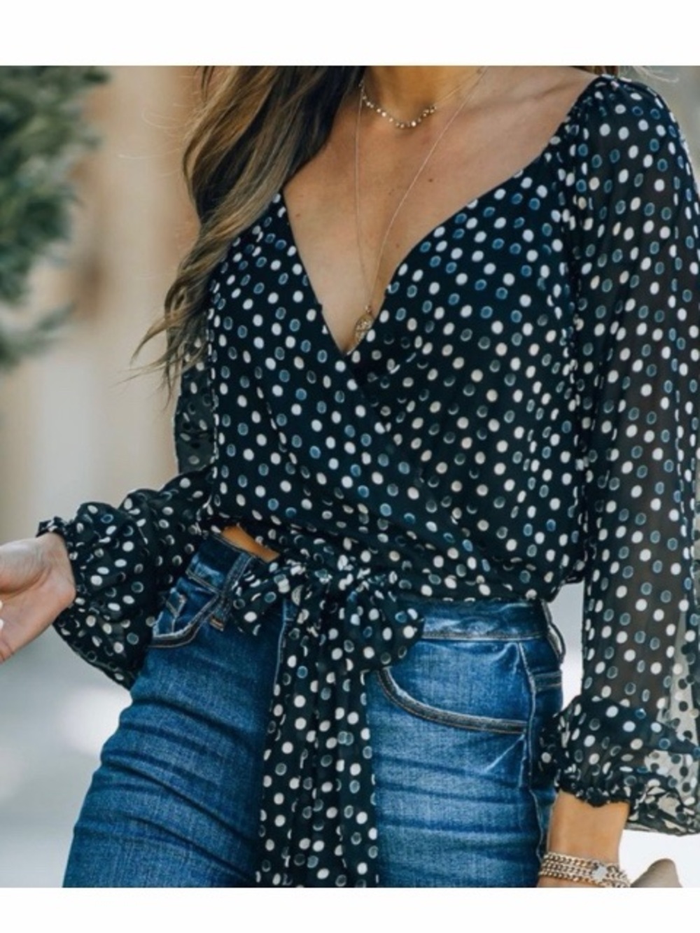 Dee Elly Polka Dot Surplice Tie Front Blouse